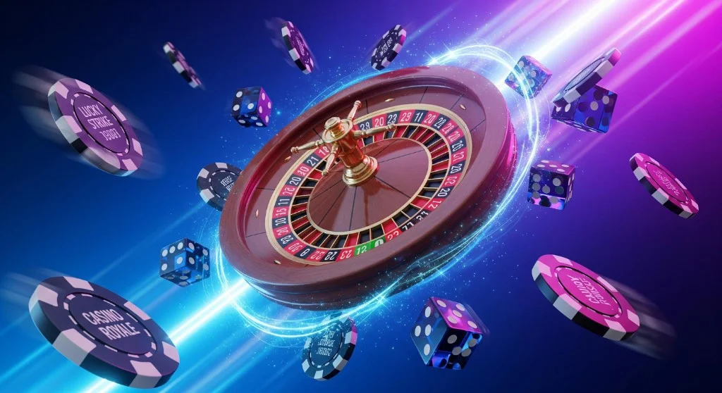 Roulette wheel with flying poker chips and dice on a neon blue and purple casino-themed background
